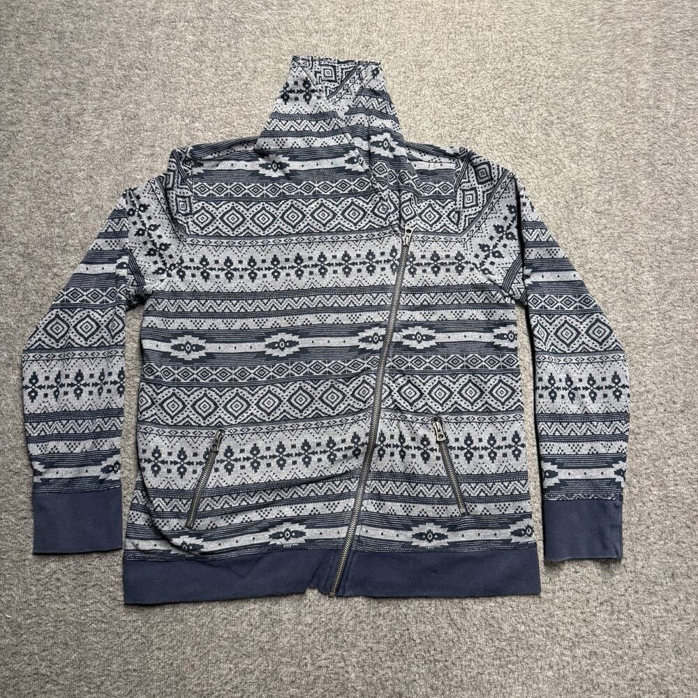 Lucky Brand Full Zip Asymmetrical Jacket Womens Large Navy Blue Aztec Sweater